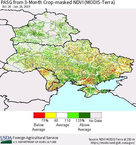 Ukraine, Moldova and Belarus PASG from 3-Month Cropland NDVI (Terra-MODIS) Thematic Map For 1/11/2019 - 1/20/2019