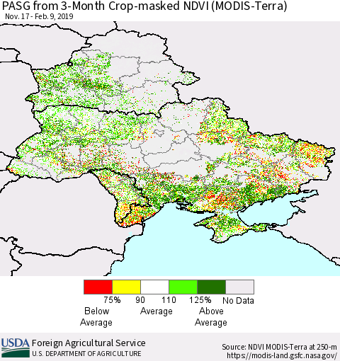 Ukraine, Moldova and Belarus PASG from 3-Month Cropland NDVI (Terra-MODIS) Thematic Map For 2/1/2019 - 2/10/2019