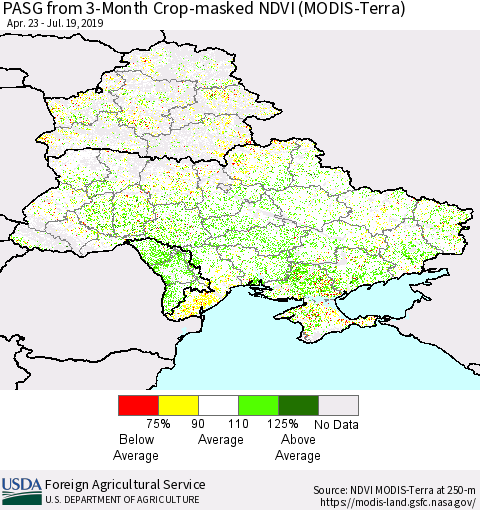 Ukraine, Moldova and Belarus PASG from 3-Month Crop-masked NDVI (MODIS-Terra) Thematic Map For 7/11/2019 - 7/20/2019
