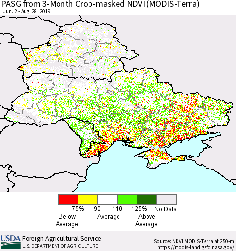 Ukraine, Moldova and Belarus PASG from 3-Month Cropland NDVI (Terra-MODIS) Thematic Map For 8/21/2019 - 8/31/2019