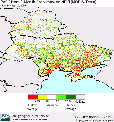 Ukraine, Moldova and Belarus PASG from 3-Month Cropland NDVI (Terra-MODIS) Thematic Map For 9/11/2019 - 9/20/2019