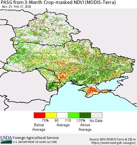 Ukraine, Moldova and Belarus PASG from 3-Month Cropland NDVI (Terra-MODIS) Thematic Map For 2/11/2020 - 2/20/2020
