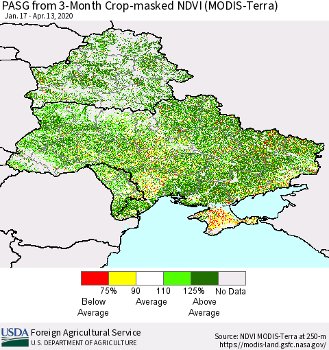 Ukraine, Moldova and Belarus PASG from 3-Month Cropland NDVI (Terra-MODIS) Thematic Map For 4/11/2020 - 4/20/2020