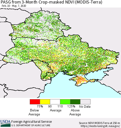 Ukraine, Moldova and Belarus PASG from 3-Month Cropland NDVI (Terra-MODIS) Thematic Map For 5/1/2020 - 5/10/2020