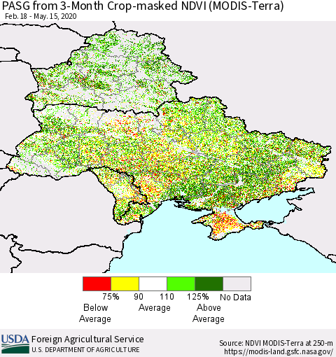 Ukraine, Moldova and Belarus PASG from 3-Month Cropland NDVI (Terra-MODIS) Thematic Map For 5/11/2020 - 5/20/2020