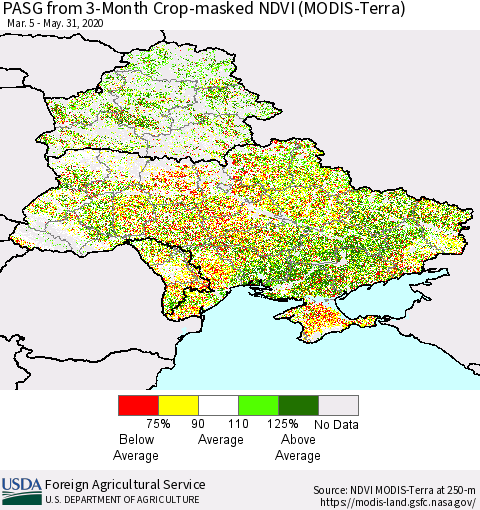 Ukraine, Moldova and Belarus PASG from 3-Month Cropland NDVI (Terra-MODIS) Thematic Map For 5/21/2020 - 5/31/2020