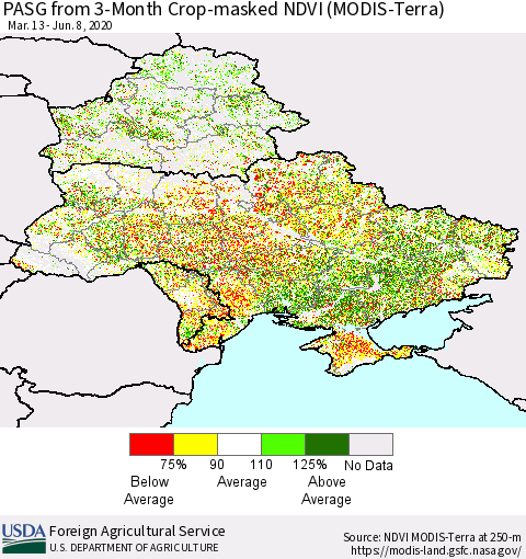 Ukraine, Moldova and Belarus PASG from 3-Month Cropland NDVI (Terra-MODIS) Thematic Map For 6/1/2020 - 6/10/2020