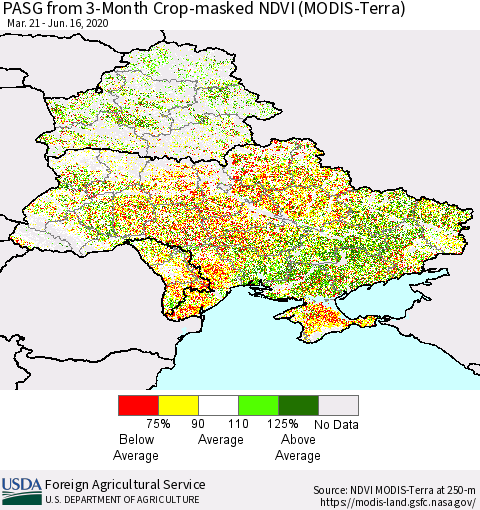 Ukraine, Moldova and Belarus PASG from 3-Month Cropland NDVI (Terra-MODIS) Thematic Map For 6/11/2020 - 6/20/2020