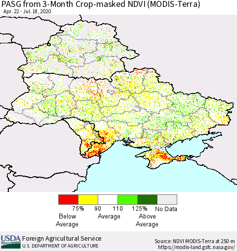 Ukraine, Moldova and Belarus PASG from 3-Month Cropland NDVI (Terra-MODIS) Thematic Map For 7/11/2020 - 7/20/2020