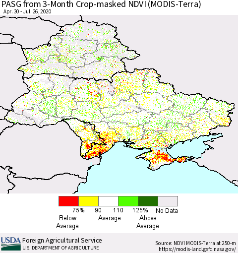 Ukraine, Moldova and Belarus PASG from 3-Month Cropland NDVI (Terra-MODIS) Thematic Map For 7/21/2020 - 7/31/2020