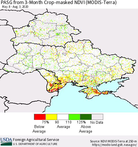 Ukraine, Moldova and Belarus PASG from 3-Month Cropland NDVI (Terra-MODIS) Thematic Map For 8/1/2020 - 8/10/2020