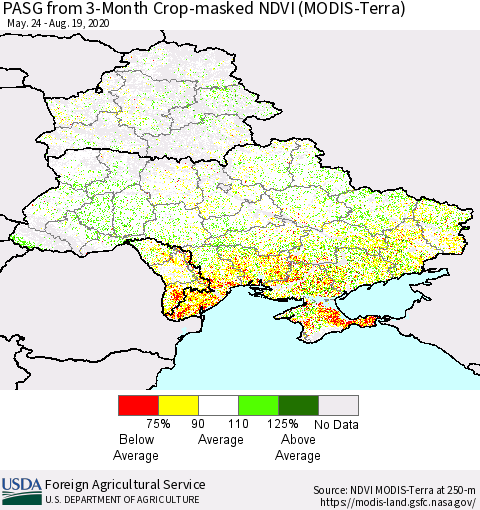 Ukraine, Moldova and Belarus PASG from 3-Month Cropland NDVI (Terra-MODIS) Thematic Map For 8/11/2020 - 8/20/2020