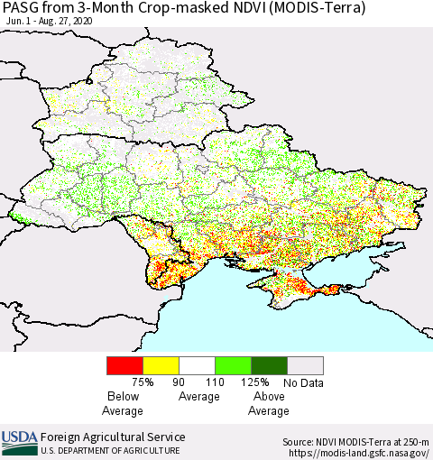 Ukraine, Moldova and Belarus PASG from 3-Month Cropland NDVI (Terra-MODIS) Thematic Map For 8/21/2020 - 8/31/2020