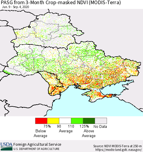 Ukraine, Moldova and Belarus PASG from 3-Month Cropland NDVI (Terra-MODIS) Thematic Map For 9/1/2020 - 9/10/2020