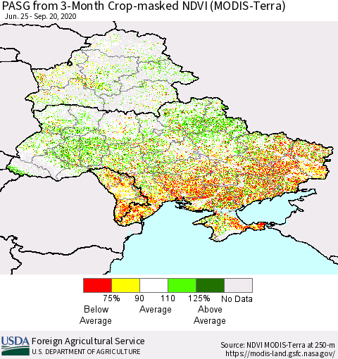 Ukraine, Moldova and Belarus PASG from 3-Month Cropland NDVI (Terra-MODIS) Thematic Map For 9/11/2020 - 9/20/2020
