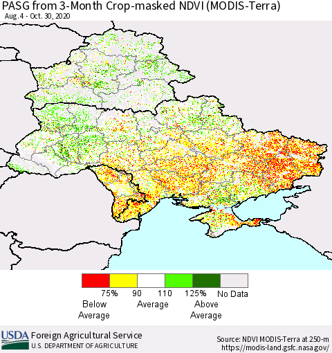 Ukraine, Moldova and Belarus PASG from 3-Month Cropland NDVI (Terra-MODIS) Thematic Map For 10/21/2020 - 10/31/2020