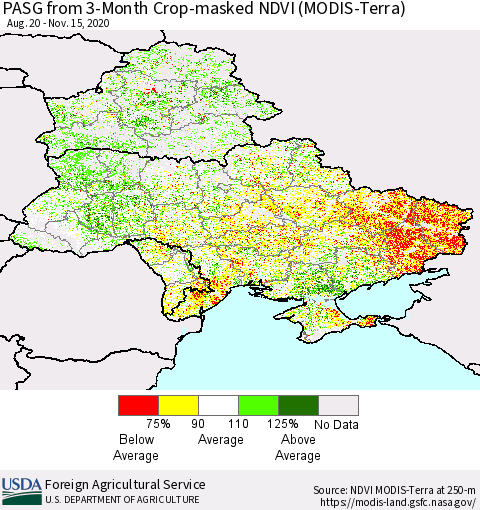 Ukraine, Moldova and Belarus PASG from 3-Month Cropland NDVI (Terra-MODIS) Thematic Map For 11/11/2020 - 11/20/2020