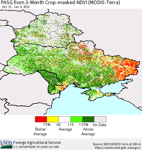 Ukraine, Moldova and Belarus PASG from 3-Month Cropland NDVI (Terra-MODIS) Thematic Map For 1/1/2021 - 1/10/2021
