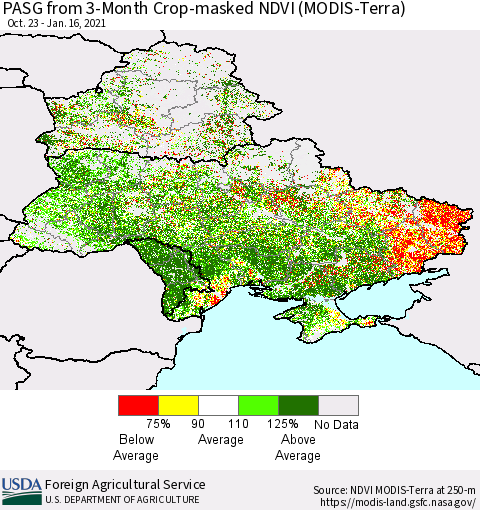 Ukraine, Moldova and Belarus PASG from 3-Month Cropland NDVI (Terra-MODIS) Thematic Map For 1/11/2021 - 1/20/2021