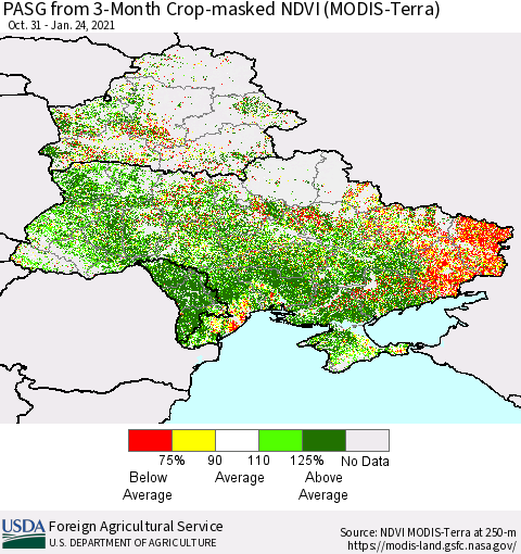 Ukraine, Moldova and Belarus PASG from 3-Month Cropland NDVI (Terra-MODIS) Thematic Map For 1/21/2021 - 1/31/2021
