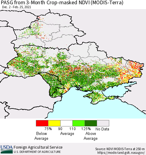 Ukraine, Moldova and Belarus PASG from 3-Month Cropland NDVI (Terra-MODIS) Thematic Map For 2/21/2021 - 2/28/2021