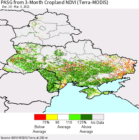 Ukraine, Moldova and Belarus PASG from 3-Month Cropland NDVI (Terra-MODIS) Thematic Map For 2/26/2021 - 3/5/2021