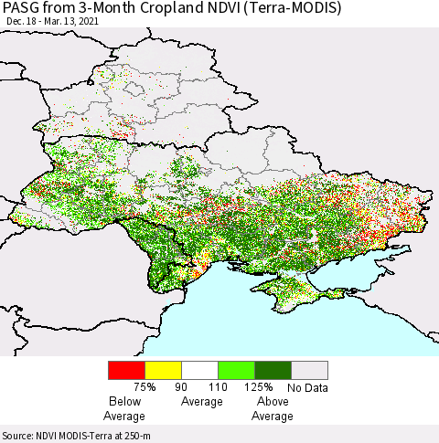 Ukraine, Moldova and Belarus PASG from 3-Month Cropland NDVI (Terra-MODIS) Thematic Map For 3/6/2021 - 3/13/2021