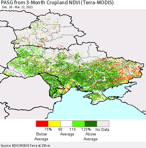 Ukraine, Moldova and Belarus PASG from 3-Month Cropland NDVI (Terra-MODIS) Thematic Map For 3/14/2021 - 3/21/2021
