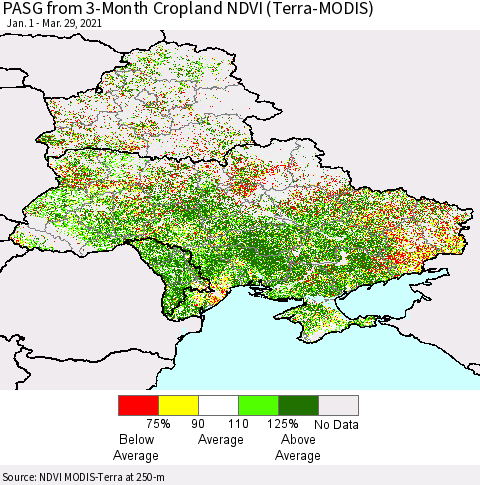 Ukraine, Moldova and Belarus PASG from 3-Month Cropland NDVI (Terra-MODIS) Thematic Map For 3/22/2021 - 3/29/2021