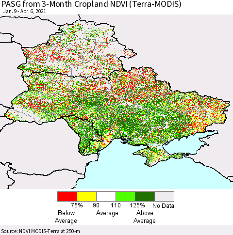 Ukraine, Moldova and Belarus PASG from 3-Month Cropland NDVI (Terra-MODIS) Thematic Map For 3/30/2021 - 4/6/2021
