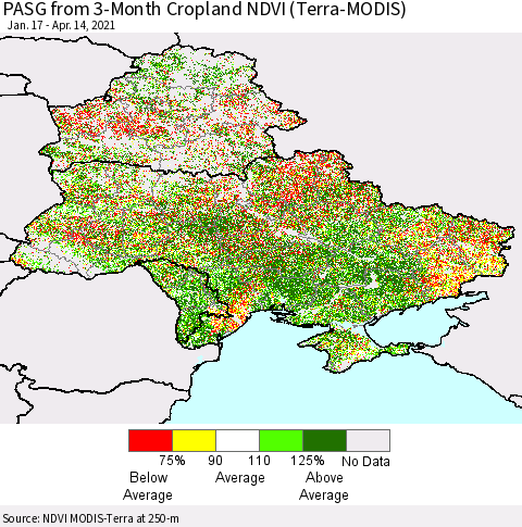 Ukraine, Moldova and Belarus PASG from 3-Month Cropland NDVI (Terra-MODIS) Thematic Map For 4/7/2021 - 4/14/2021