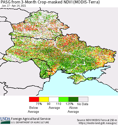 Ukraine, Moldova and Belarus PASG from 3-Month Cropland NDVI (Terra-MODIS) Thematic Map For 4/11/2021 - 4/20/2021