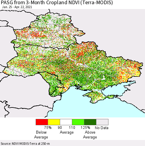 Ukraine, Moldova and Belarus PASG from 3-Month Cropland NDVI (Terra-MODIS) Thematic Map For 4/15/2021 - 4/22/2021