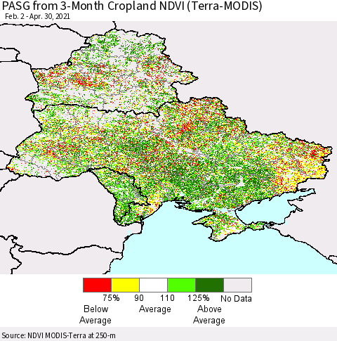 Ukraine, Moldova and Belarus PASG from 3-Month Cropland NDVI (Terra-MODIS) Thematic Map For 4/23/2021 - 4/30/2021