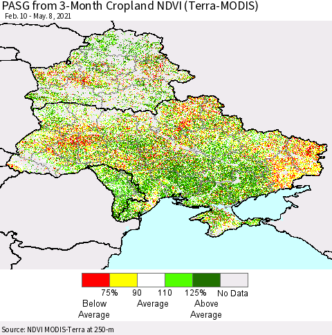 Ukraine, Moldova and Belarus PASG from 3-Month Cropland NDVI (Terra-MODIS) Thematic Map For 5/1/2021 - 5/8/2021