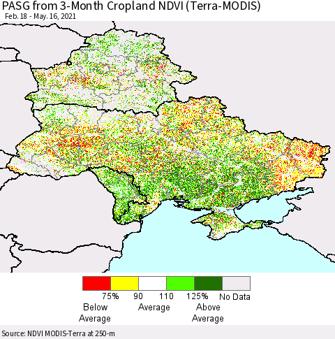 Ukraine, Moldova and Belarus PASG from 3-Month Cropland NDVI (Terra-MODIS) Thematic Map For 5/9/2021 - 5/16/2021