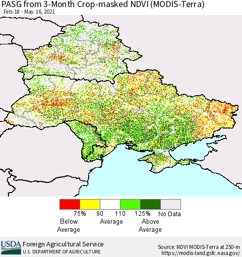Ukraine, Moldova and Belarus PASG from 3-Month Cropland NDVI (Terra-MODIS) Thematic Map For 5/11/2021 - 5/20/2021