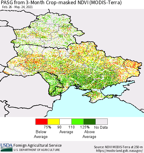 Ukraine, Moldova and Belarus PASG from 3-Month Cropland NDVI (Terra-MODIS) Thematic Map For 5/21/2021 - 5/31/2021