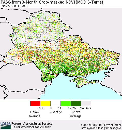 Ukraine, Moldova and Belarus PASG from 3-Month Cropland NDVI (Terra-MODIS) Thematic Map For 6/11/2021 - 6/20/2021