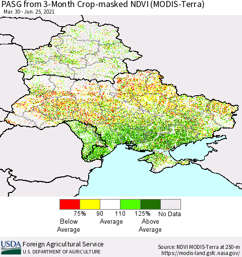 Ukraine, Moldova and Belarus PASG from 3-Month Cropland NDVI (Terra-MODIS) Thematic Map For 6/21/2021 - 6/30/2021