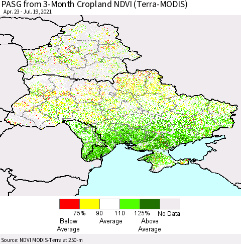 Ukraine, Moldova and Belarus PASG from 3-Month Cropland NDVI (Terra-MODIS) Thematic Map For 7/12/2021 - 7/19/2021
