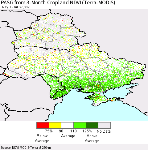 Ukraine, Moldova and Belarus PASG from 3-Month Cropland NDVI (Terra-MODIS) Thematic Map For 7/20/2021 - 7/27/2021