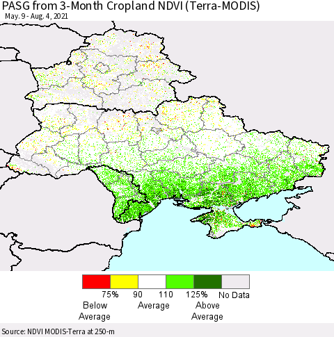 Ukraine, Moldova and Belarus PASG from 3-Month Cropland NDVI (Terra-MODIS) Thematic Map For 7/28/2021 - 8/4/2021
