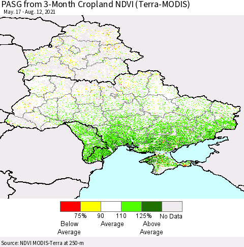 Ukraine, Moldova and Belarus PASG from 3-Month Cropland NDVI (Terra-MODIS) Thematic Map For 8/5/2021 - 8/12/2021