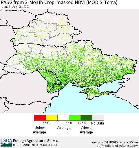 Ukraine, Moldova and Belarus PASG from 3-Month Cropland NDVI (Terra-MODIS) Thematic Map For 8/21/2021 - 8/31/2021