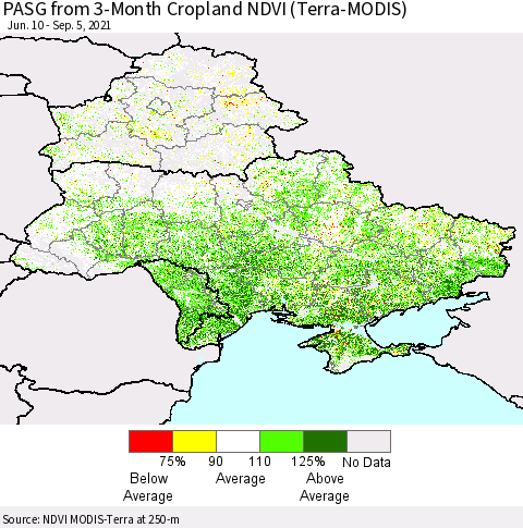Ukraine, Moldova and Belarus PASG from 3-Month Cropland NDVI (Terra-MODIS) Thematic Map For 8/29/2021 - 9/5/2021