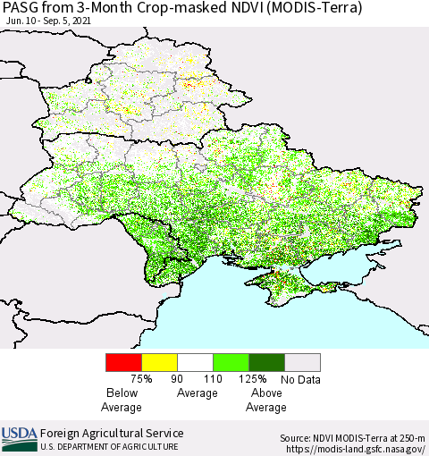 Ukraine, Moldova and Belarus PASG from 3-Month Cropland NDVI (Terra-MODIS) Thematic Map For 9/1/2021 - 9/10/2021