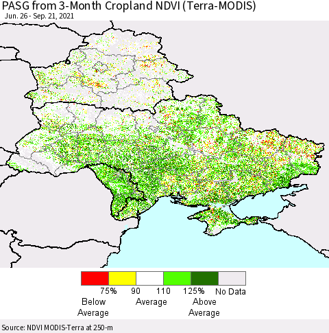 Ukraine, Moldova and Belarus PASG from 3-Month Cropland NDVI (Terra-MODIS) Thematic Map For 9/14/2021 - 9/21/2021