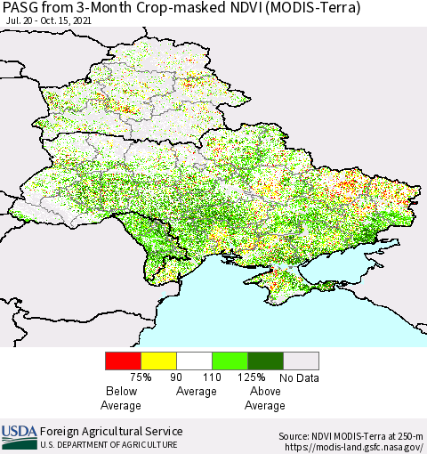 Ukraine, Moldova and Belarus PASG from 3-Month Cropland NDVI (Terra-MODIS) Thematic Map For 10/11/2021 - 10/20/2021