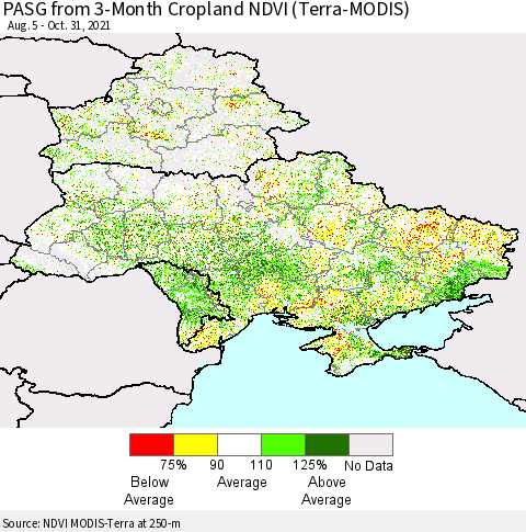 Ukraine, Moldova and Belarus PASG from 3-Month Cropland NDVI (Terra-MODIS) Thematic Map For 10/21/2021 - 10/31/2021